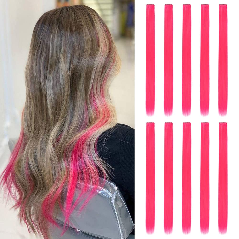 Photo 1 of 20 Inch Colored Hair Extensions Party Highlights Straight Colorful Clip In Hair Extensions Synthetic Rainbow Hairpieces for Girls Kids Gift(10Pcs Pink)