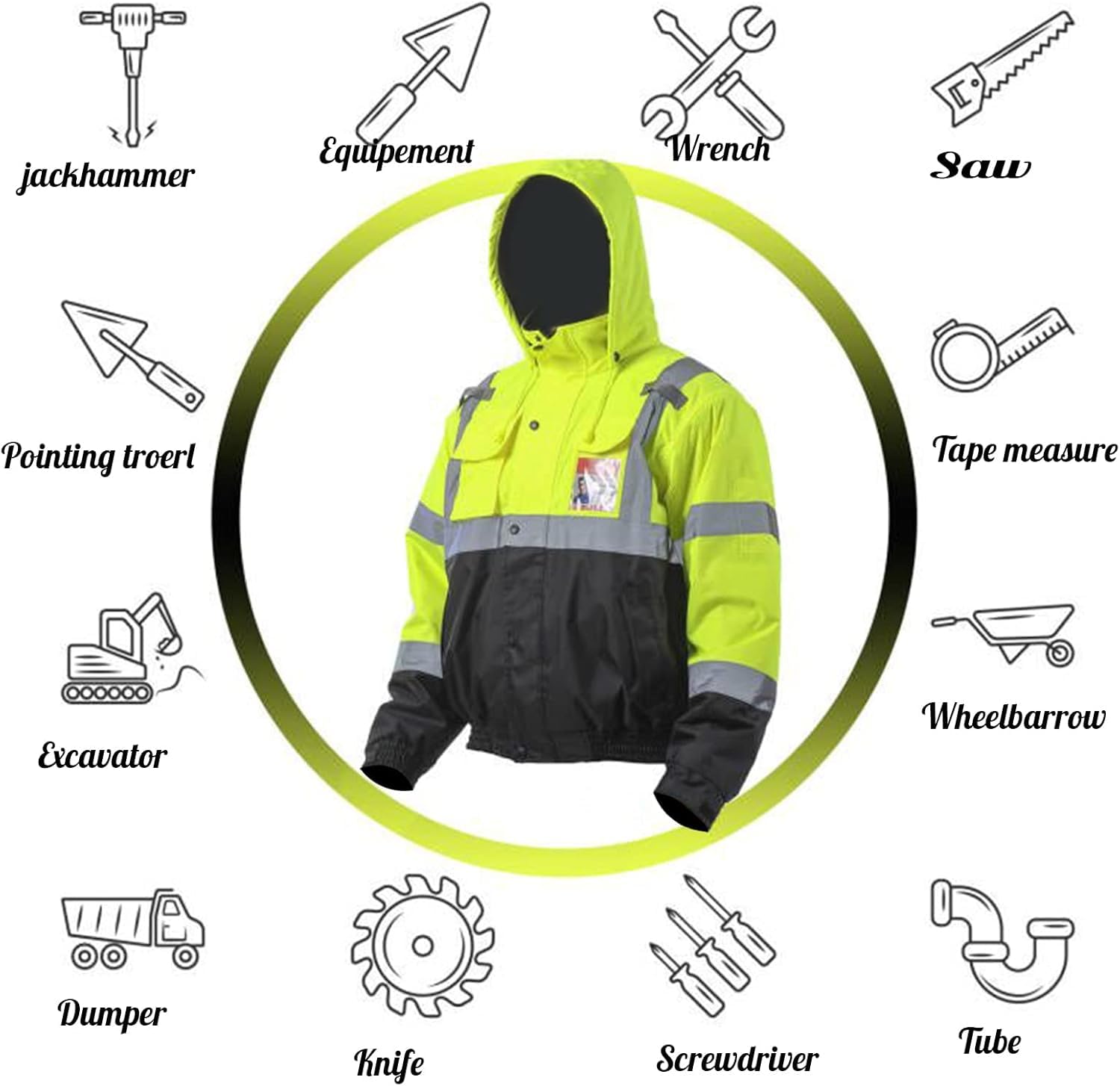 sesafety Reflective Jacket for Men, High Visibility Jackets, Safety Jackets for Men, Hi Vis Construction Bomber Jackets Waterproof with Pockets and Zipper, Black Bottom, Class 3