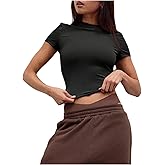 SHENHE Women's Short Sleeve Tee Shirt Mock Neck Basic Tops Casual Slim Fitted Cropped Top