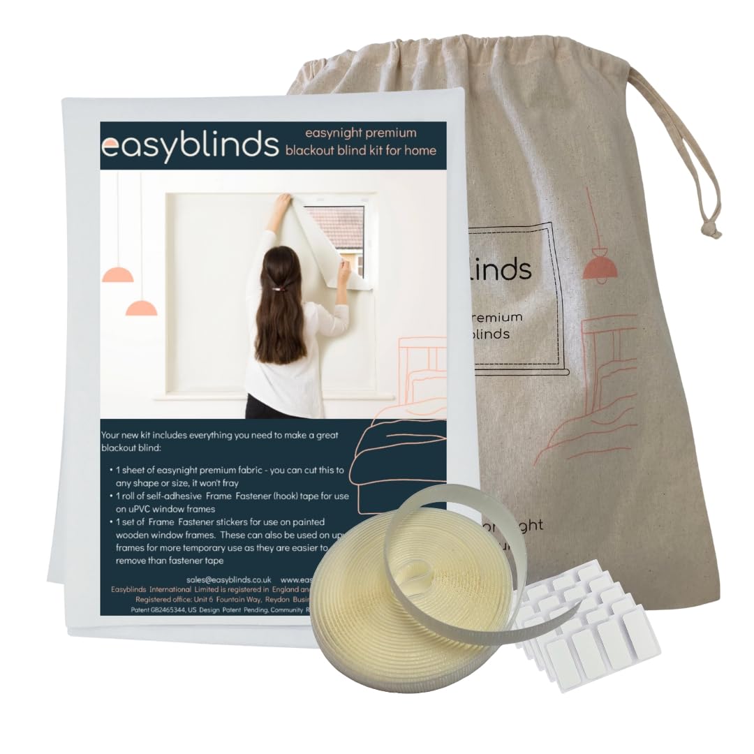 Easyblinds Easynight Premium blackout blind, thermal, self-adhesive attachments, OEKO-TEX fabric, WHITE, cut to any shape/size up to 270x135cm, Full Blackout, Easy To Use, Temporary Or Permanent