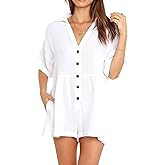 R.Vivimos Summer Jumpsuits for Women Casual Cotton V Neck Short Sleeve Button-Down Loose Fit Rompers with Pockets