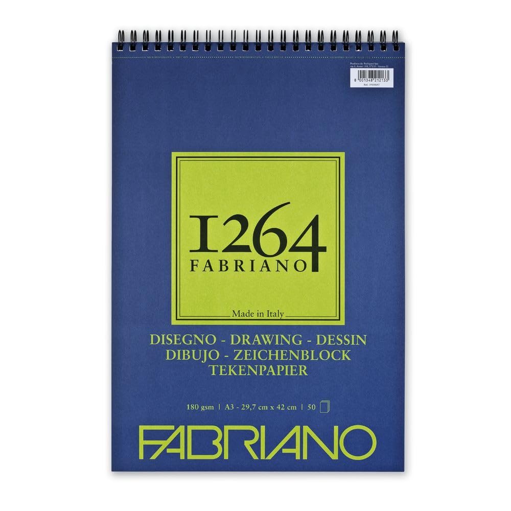 Honsell Fabriano Disegno 19100647 Spiral Bound Sketch Pad 1264 180 g/m² DIN A3 50 Sheets Natural White Satin Paper with Medium Grain Acid for All Drying Techniques