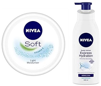 NIVEA Soft Light Moisturiser With Vitamin C, 200ml and NIVEA Body Lotion, Express Hydration With Sea Minerals, 400ml