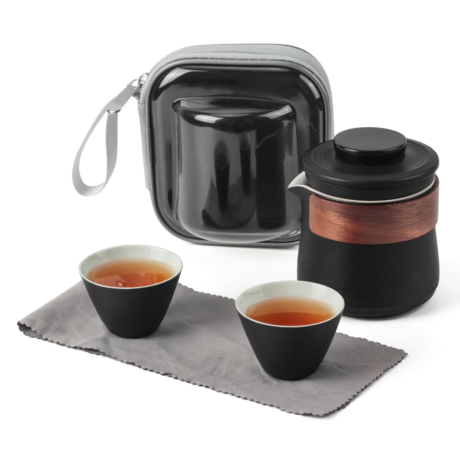 Photo 1 of Mini Travel Kung Fu Tea Pot Cup Set with Tray - Portable Chinese Ceramic Porcelain Teapot Infuser Gift Bag All in One for Business Hotel Outdoor Picnic (Dark Black)