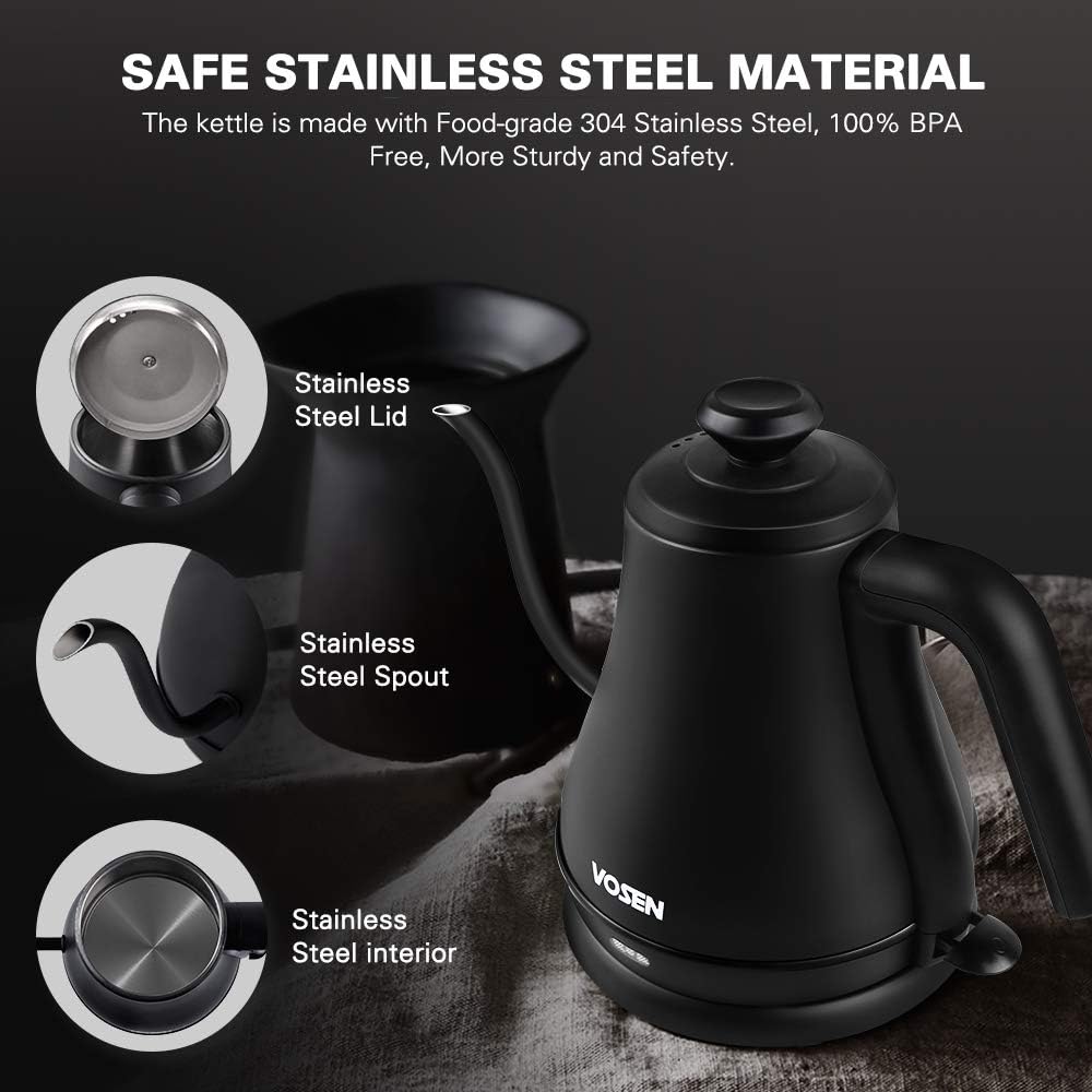 Electric Kettle, VOSEN Gooseneck Kettle, Pour Over Coffee Kettle & Tea Kettle, 100% Stainless Steel Inner Lid & Bottom, 1000 Watt Quick Heating (Black 0.8L): Kitchen & Dining