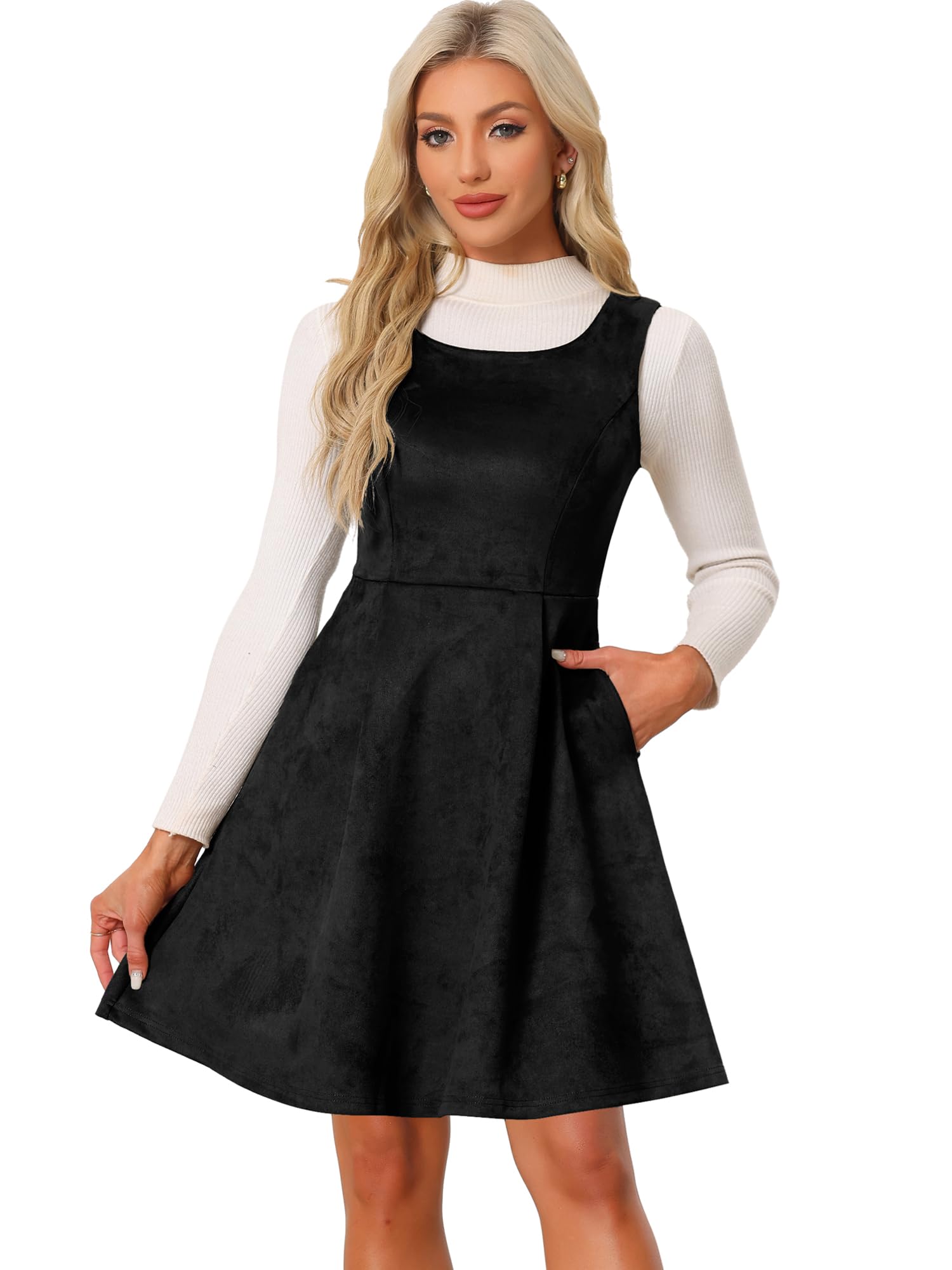 Photo 1 of Allegra K Pinafore Dress for Women's Sleeveless Casual Vintage Faux Suede t Shirt Dresses Small Black