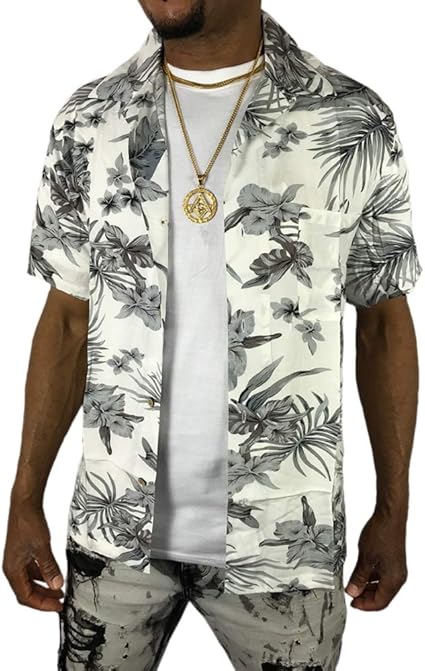 Amazon アロハシャツ ボタンシャツ 半袖 大きい メンズ レディース 春夏 カジュアル ハイビスカス 白 ホワイト グレー Sb66 シャツ 通販