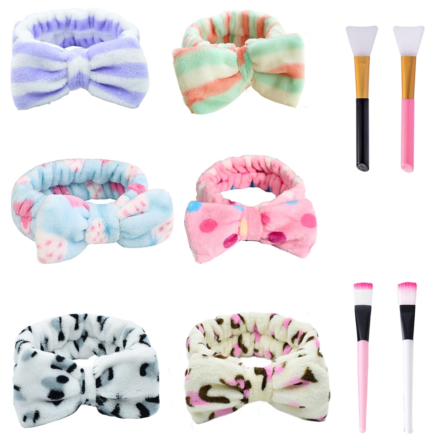 6 Pcs Spa Headbands,Makeup Hair Band,Women Bowknot Coral Fleece Elastic Headband with 4 Silicone Face Mask Brushes for Showering,Face Washing or Sports