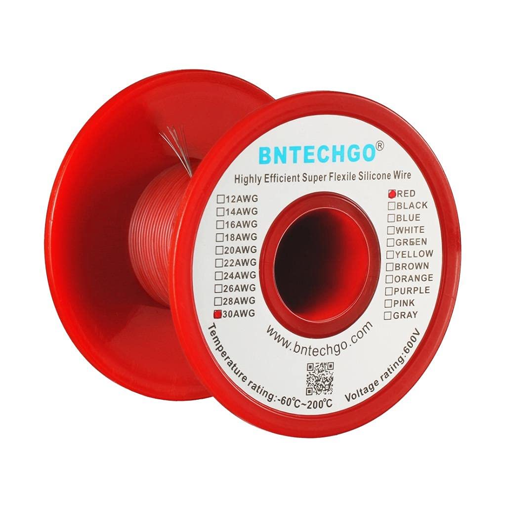 BNTECHGO 30 Gauge Silicone Wire Spool Red 250 ft Ultra Flexible High Temp 200 deg C 600V 30 AWG Silicone Rubber Wire 11 Strands of Tinned Copper Wire Stranded Wire for Model Low Impedance