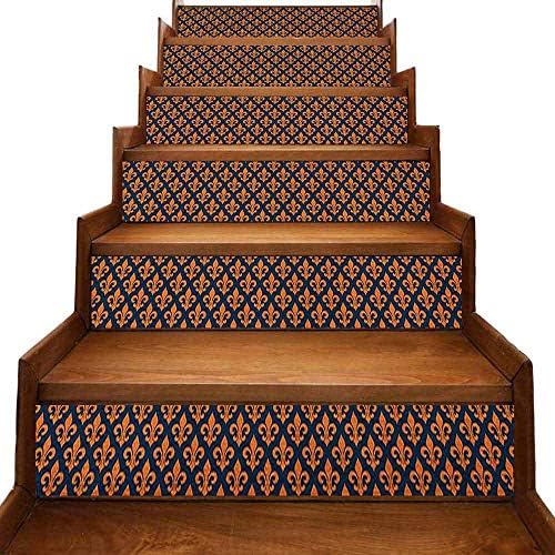 ThinkingPower Fleur De Lis Self-Adhesive Stairs Risers Stickers Wall Orange Ancient Heraldry Symbol Pattern France History Kingdom Royalty Theme Waterproof Indigo Orange W 39" x H 7" x 6pcs.