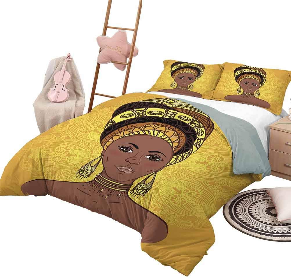 Bed Sets Woman Crib Bedding Sets Tribal Woman Portrait in Turban Ornate Inspired Round Motif Decorative 3 Piece Bedding Set with 2 Pillow Shams, Queen Size Yellow Brown Cocoa