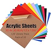 Wonninek 12 x 12 inch Colored Acrylic Sheets 10 Pcs 1/8 Thick Opaque Plastic Panel Cutting Acrylic Panel with Protective Pape