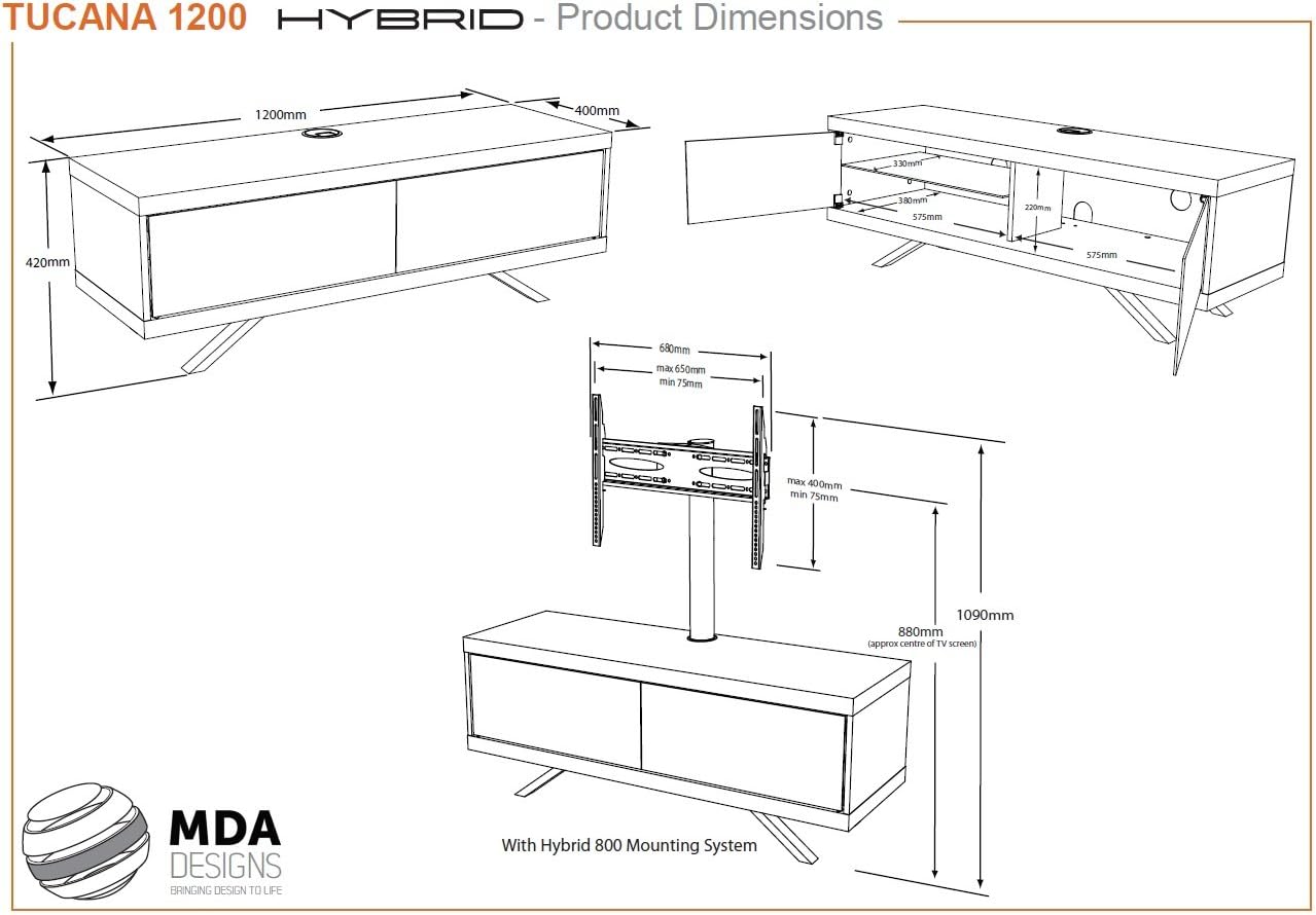 MDA Designs TUCANA 1200 HYBRID BLACK Beam Thru Remote-Friendly up to 60" Flat Screen TV Cabinet Stand, Width: 120cm - Image 4