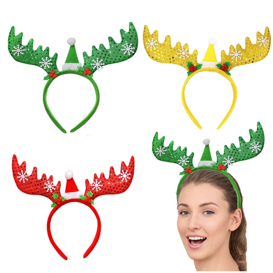 She's Shining 3 PCS Reindeer Antler Headband Lovely Party Hair Hoop Xmas Fancy Dress Novelty Accessory(Red, Yellow, Green)