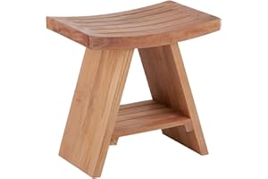 NORDIC STYLE TEAK Shower and Bath Stool, Teak Wood Shower Bench, Indoor and Outdoor Use 17.7" (Natural Finish w/Curved Seat)