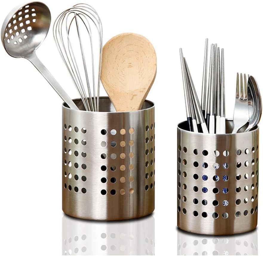 2Pcs Kitchen Utensil Holder, Stainless Steel Cutlery Stand Drainer for Spoon Knife Fork Storage