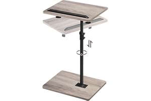 MAHANCRIS TV Tray Table, Sofa Armrest Tray Table for Couch, 360° Swivel Height Adjustable End Table, Snack Side Table with Phone and Tablet Slot, Greige and Black ETHG4501