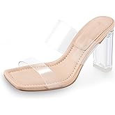 SHOBOO Clear Heels Mules Sandals for Women Transparent Two Strap Square Toe Backless Block Heel Slip on Pump Shoes