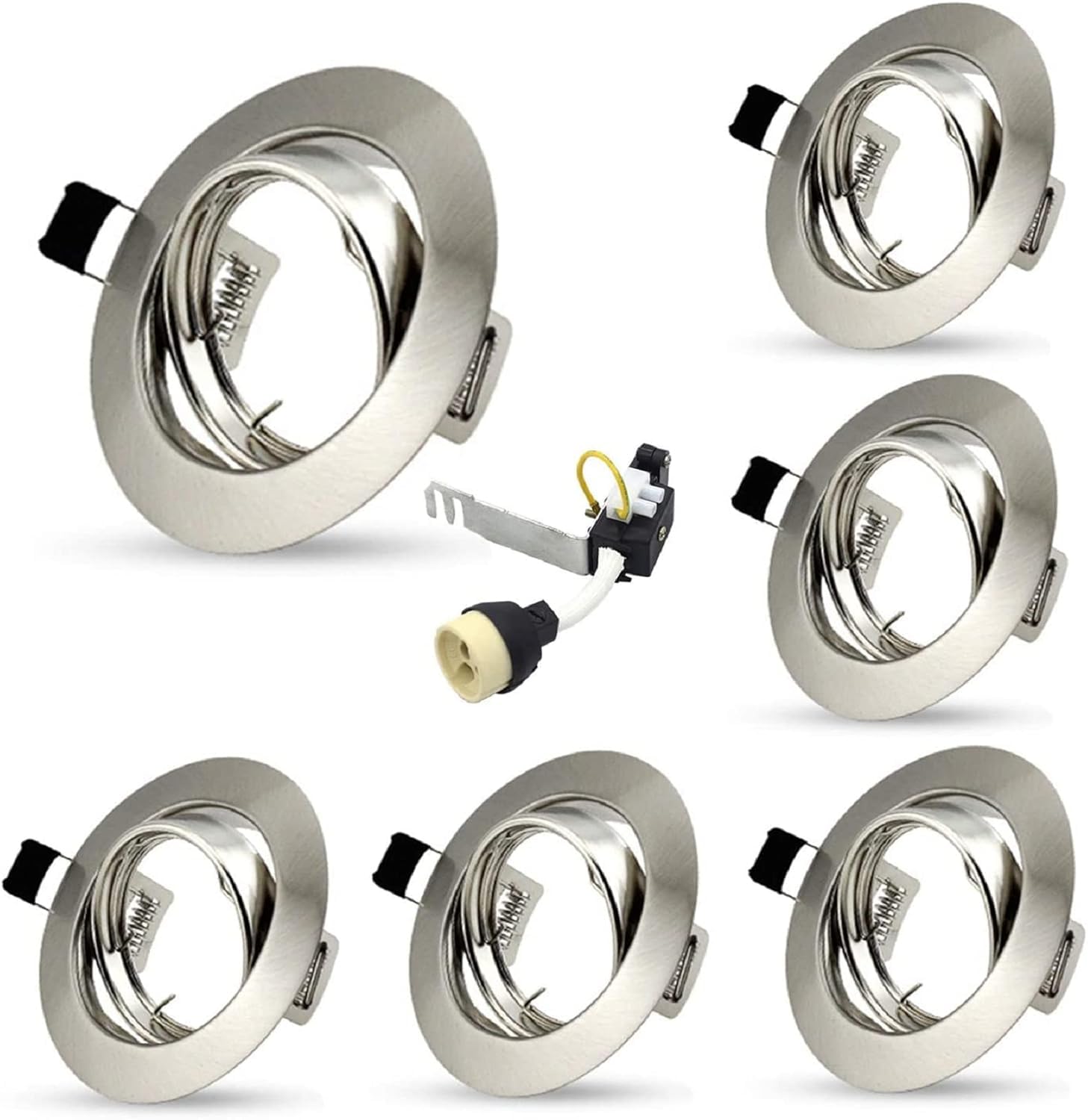 Allesgute 6X Recessed Ceiling Spotlights Round GU10 Downlight Fittings Brushed Chrome 30° Tilt Spotlight Fitting with Lampholders 240V, Cutout: Ø68-85mm, No Bulbs