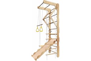 Mulinsonfly 5-in-1 Wooden Indoor Jungle Gym for Kids, Wall-Mounted Swedish Ladder with Pull-Up Bar, Rings, Swing, and Slide – Montessori-Inspired Kids Playset for Fun & Development, Ages 3-8