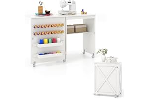 Giantex Folding Sewing Table - Farmhouse Machine Cabinet with Barn Door, 18 Pegs, 2 Storage Trays, Craft Station Side Desk Ca