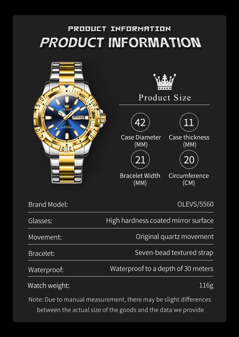 OLEVS Blue Watches for Men Dress Gold Big Face Mens Watches Classic Waterproof Analog Quartz Mens Wrist Watch Fashion Stainless Steel Date Date Luxury Reloj para Hombre