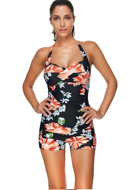 Labelar Damen Neckholder Badeanzug Einteiler Bademode Figurformend Schwimmanzug Retro Push Up Monikini