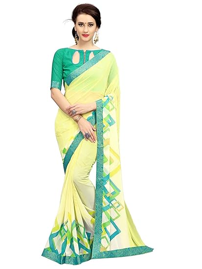 Rajeshwar Fashion With Rf Womens Georgette Printed Sarees Jequard Lace Work Saree With Blouse Piece (A16 YELLOW Multicolored_Free Size 6.30 Mtr)
