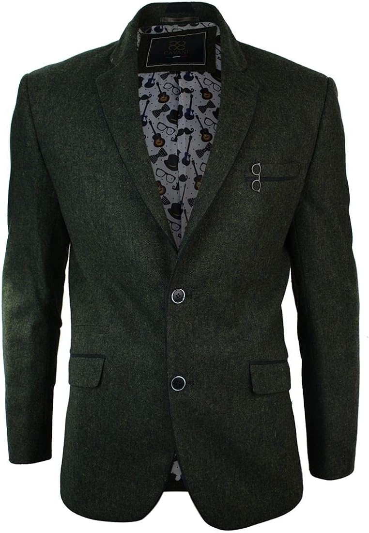 Mens Tweed Herringbone Olive Green Blazer Jacket Suede Black Trim