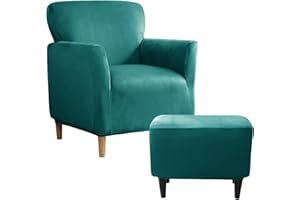 UNBBRRL Slipcover Set, Velvet Chair & Ottoman Cover, Banquet Armchair Covers for Living Room (Turquoise, Chair + Ottm)