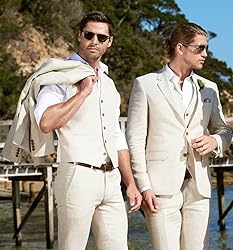 HUUTOE Mens Linen Suits 3 Piece Beach Wedding