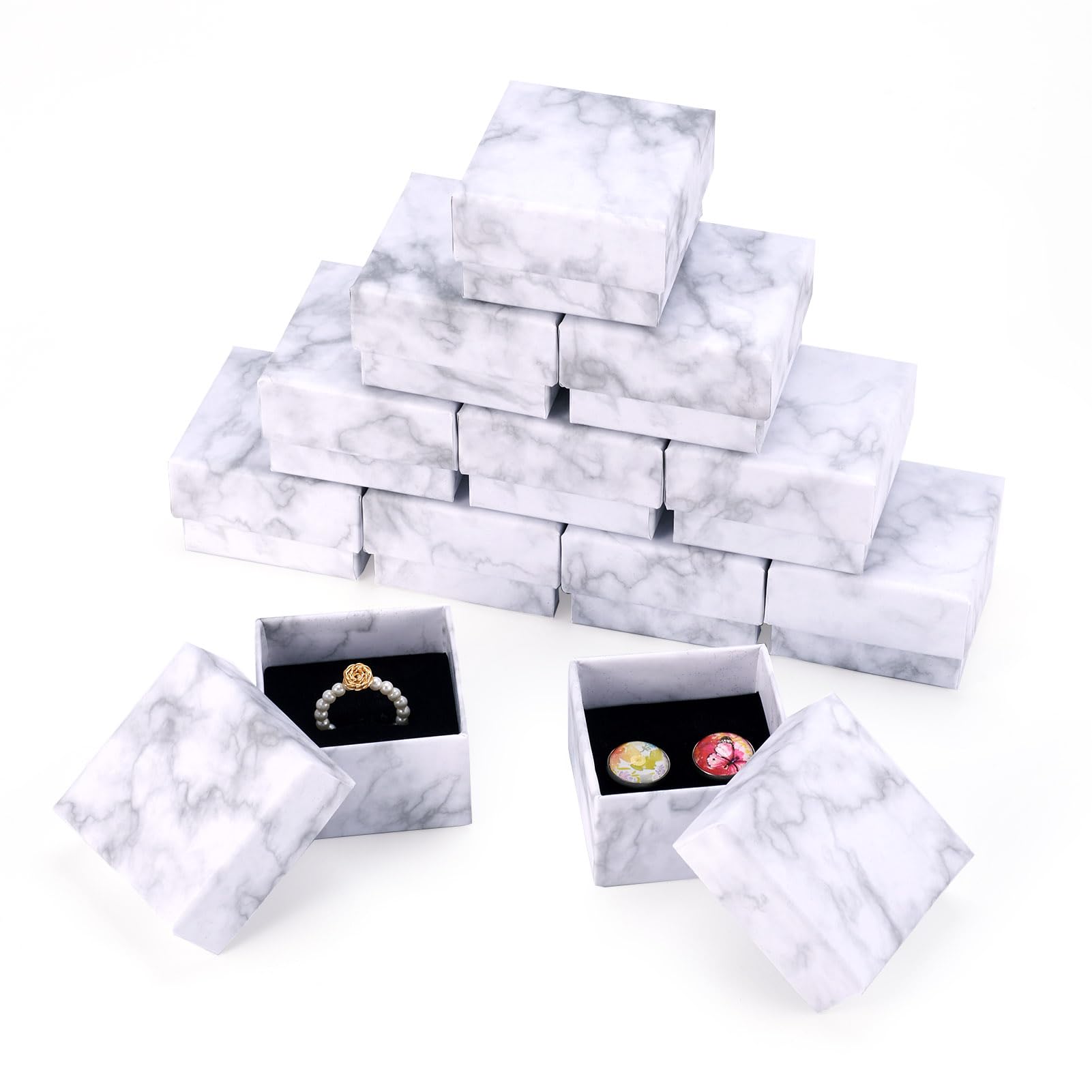 Craftdady 24Pcs Square Cardboard Jewellery Pins Boxes Small Gift Boxes White Marble for Finger Rings Jewellery Storage Presentation, 5x5cm