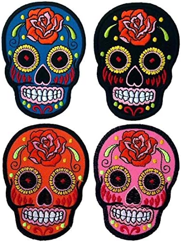 Lot of 4 Mexican Sugar Skull Art Punk Rock Embroidered Iron on Patches