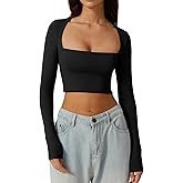 QINSEN Women's Sexy Square Neck Crop Top Long Sleeve Slim Fit Cropped T Shirts