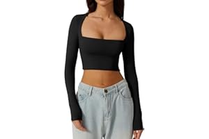 QINSEN Women's Sexy Square Neck Crop Top Long Sleeve Slim Fit Cropped T Shirts