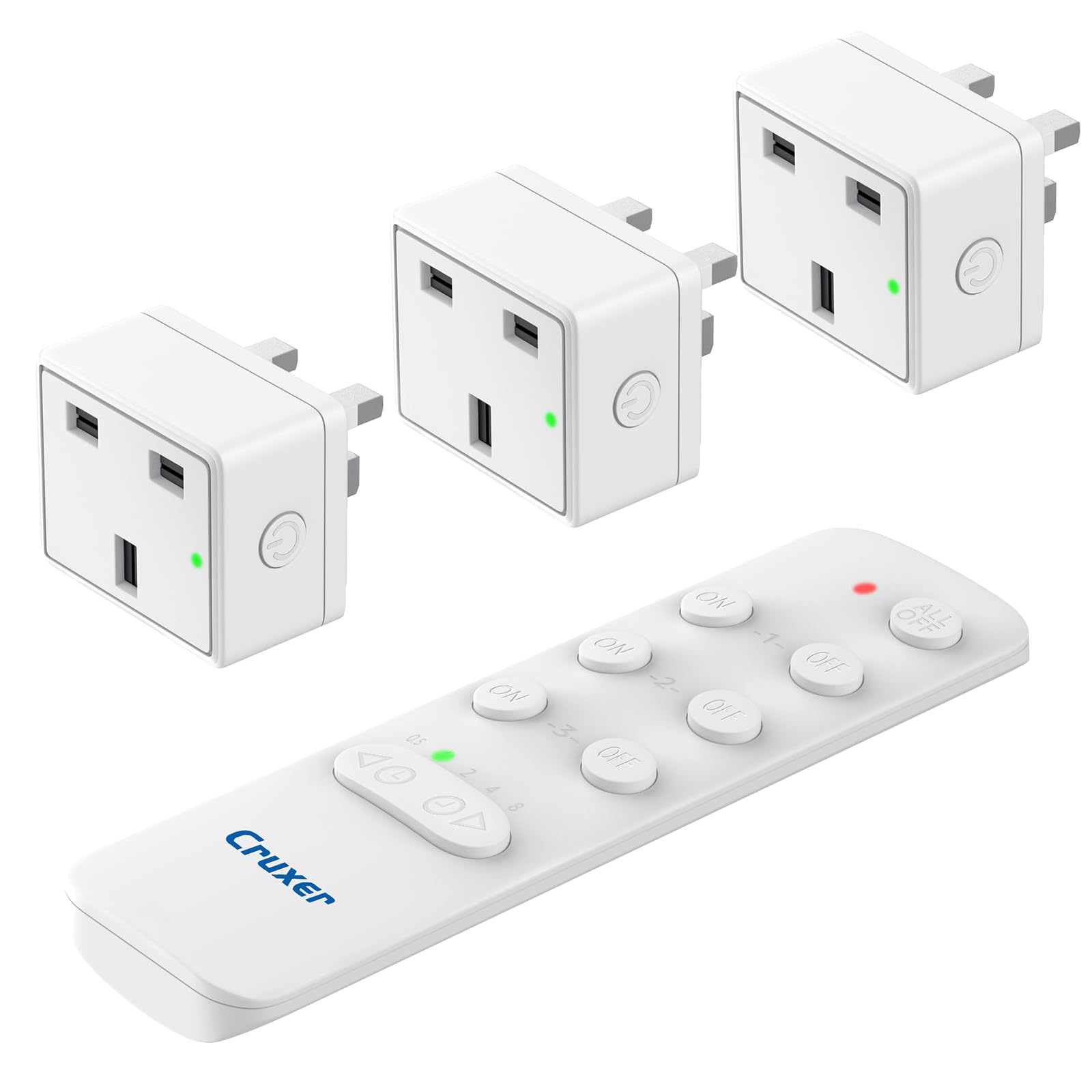 Cruxer Remote Control Timer Plug Sockets, 13A/3120W Anti-Surge Socket Switch with 50M/160FT Wireless Operating Range, Programmable, UKCA and RoHS Listed for Household Appliance, 3 Sockets and 1 Remote