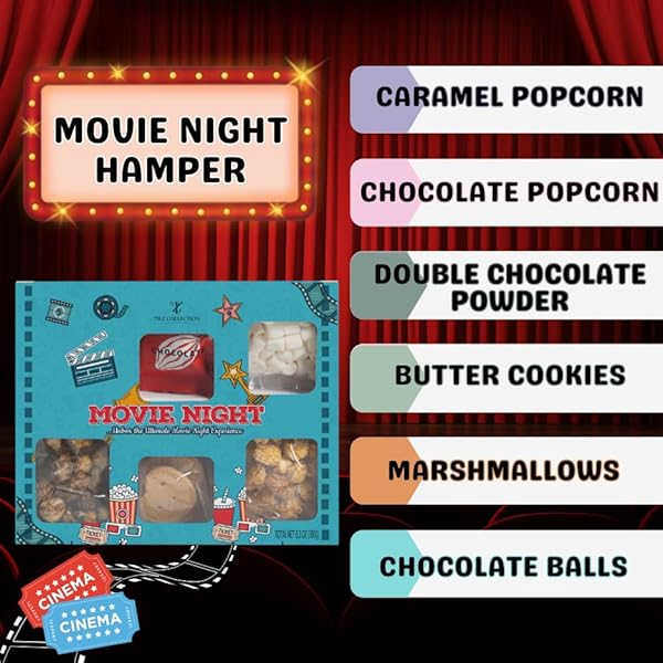 MOVIE NIGHT HAMPER SNACK BOX, MOVIE NIGHT SNACKS, KIDS SWEETS SWEETS GIFT BOX WITH CHOCOLATES, HOT CHOCOLATE, MINI MARSHMALLOWS, CHOCOLATE & CARAMEL POPCORN, BUTTER BISCUITS, GIFTS FOR HER |WOMEN |HIM