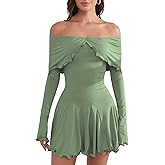 Infeel newz Off The Shoulder Dresses for Women Flowy Bodycon Ruffle Long Sleeve Spring Short Sexy Mini Dress