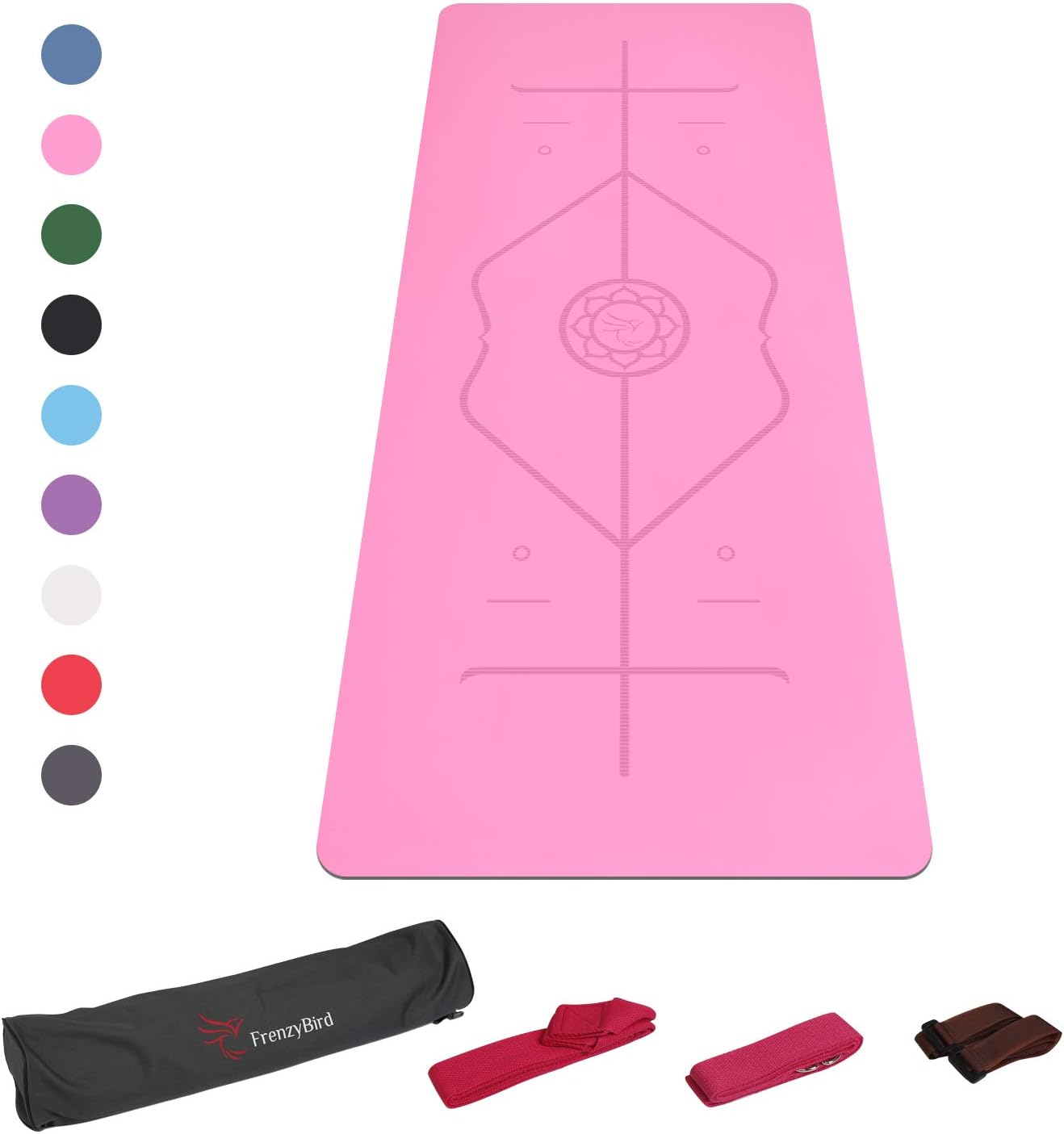 FrenzyBird 3mm/5mm Thick PU Eco Rubber Yoga Mat With Alignment System,OXFORD Mat Bag and Strap,Non Slip, Wet Absorbance,Free of PVC and Other Harmful Chemicals,For Various Types of Yoga And Pilates …