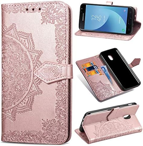 Galaxy J7 Refine Case,J7 V 2018,J7 Top,J7 Crown,J7 Aero,J7 Aura,J7 Eon,J7 Star Case,PU Leather Wallet Embossed Mandala Floral Flowers Kickstand Flip Cover Card Holder for Galaxy J7 2018 Rose Gold