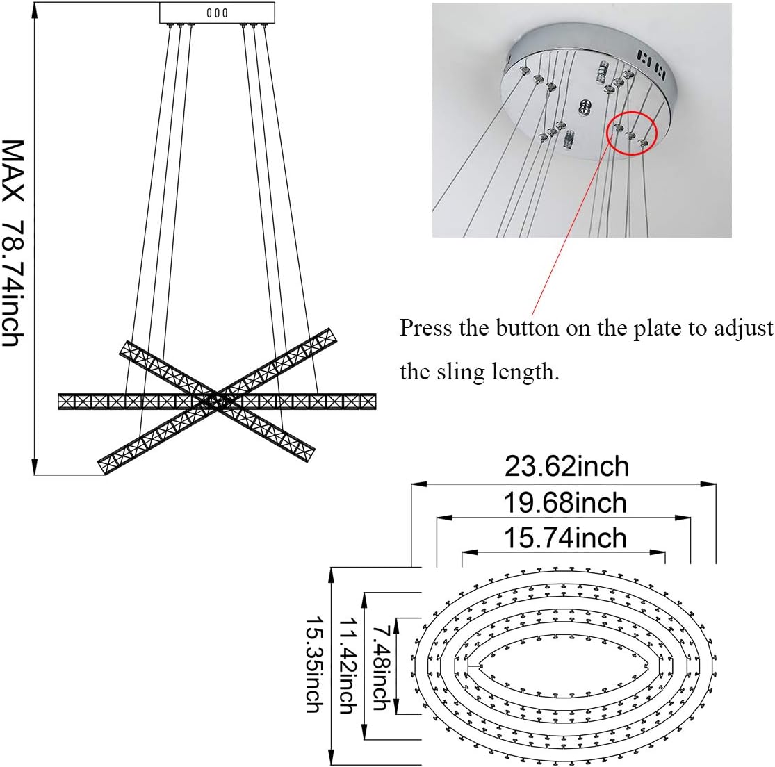 LED Crystal Chandeliers Ceiling Lighting Fixture Brightness Adjustable Stainless Steel Pendant Light (W23.62D15.35 inch): Home Improvement