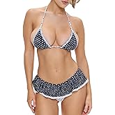 Women's 2pcs Bikini Set Sexy Halter Neck Tie Up Plaid/Dot Print Ruffle Trim High Elastic Fashion Swimsuit