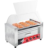 CROSSON Hot Dog 7 Roller with Bun Warmer&amp;Transparent Sneeze Guard,Commercial 7 Nonstick 304 Roller Grill Cooker Machine