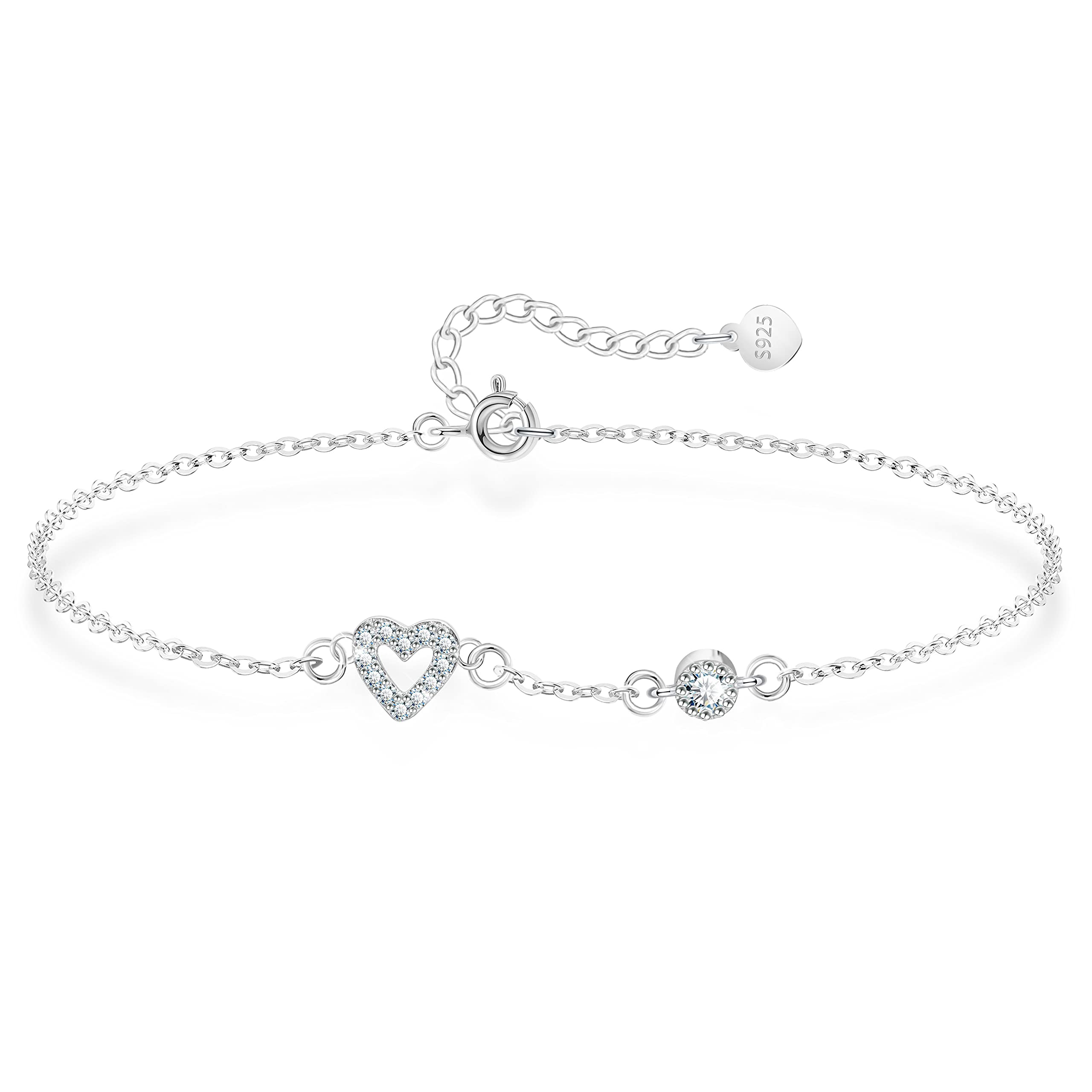 KristLand Heart Silver Bracelet for Women 925 Sterling Silver Bracelet Sparkly Cubic Zirconia Hand Chain White Gold Plated Adjustable Silver Bracelet Gift for Ladies Girl