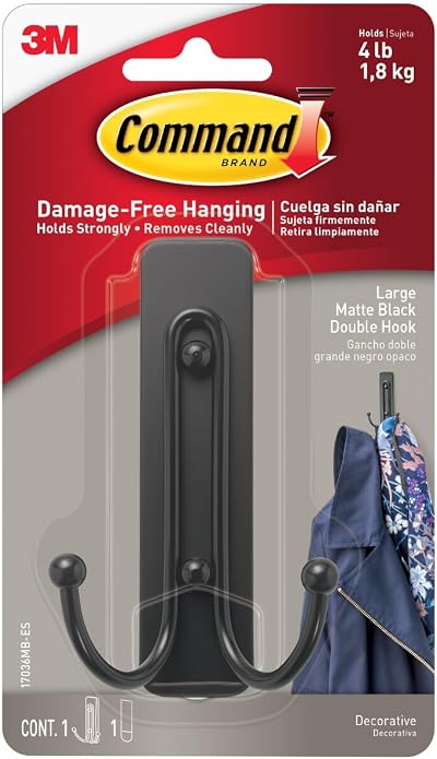 Command Large Matte Black Double Hook Damage Free Hanging Indoor Use Jackets