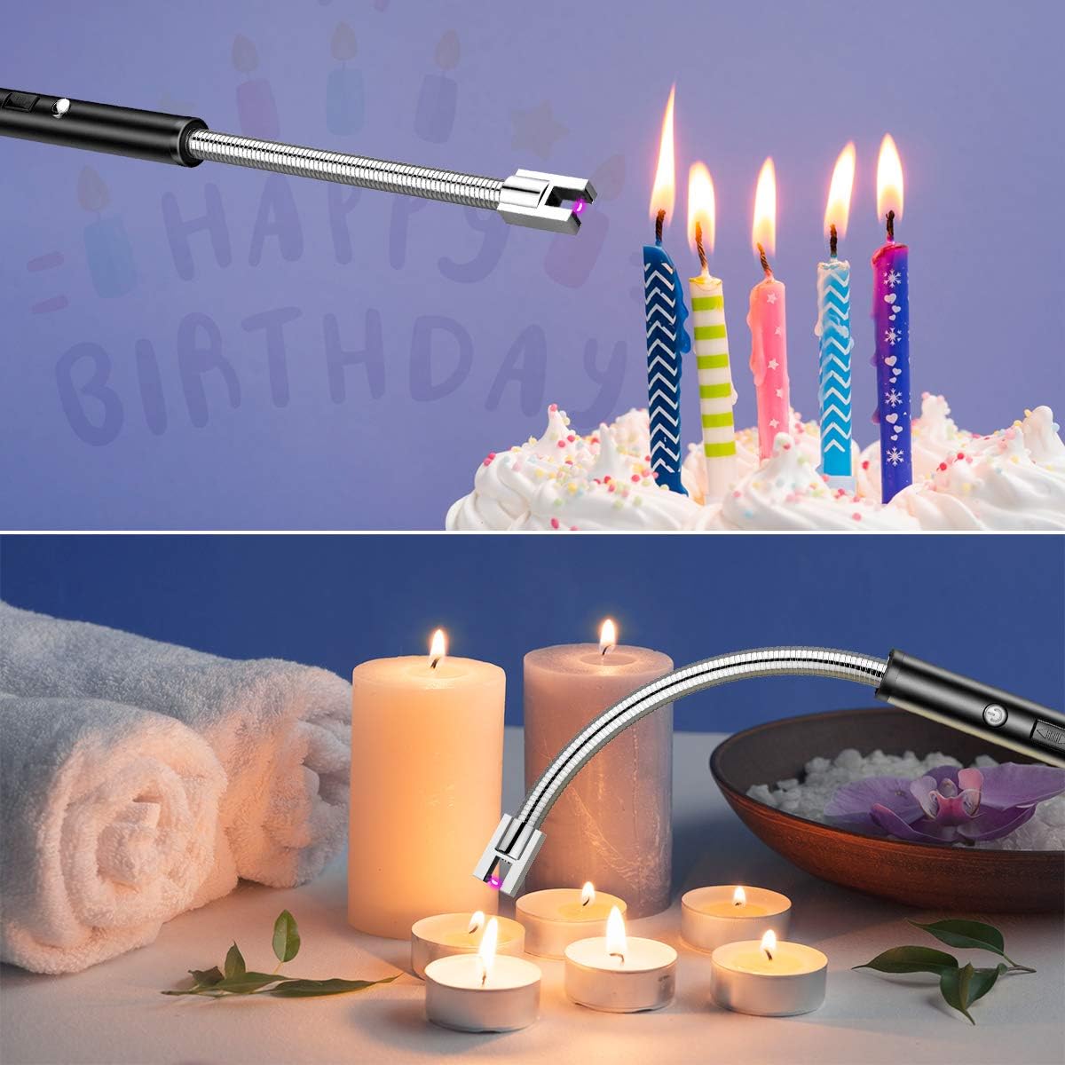 Candle lighter Electric Arc Lighter with Longer 360°Flexible Neck Rechargeable Battery LED Indicator for Camping Cooking BBQs Fireworks