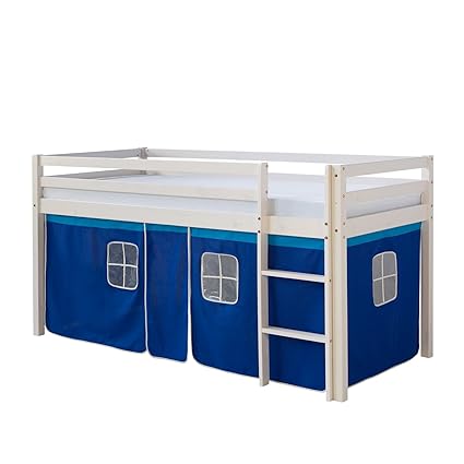 Homestyle4u 519, Kinder Hochbett Mit Leiter, Vorhang Blau, Massivholz Kiefer Weiß, 90x200 cm
