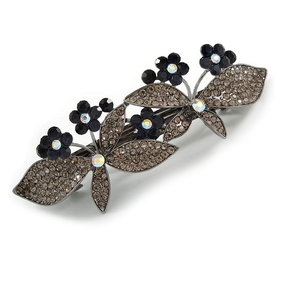 Crystal Double Butterfly Barrette Hair Clip Grip In Gunmetal Finish (Dim Grey, Dark Blue) - 85mm Across