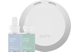 Pura - Smart Home Fragrance Device Starter Set - Pura 4 - Scent Diffuser for Home - Includes Fragrance Aroma Diffuser - Square Box, Pacific Aqua and Linens & Surf Scent Refills