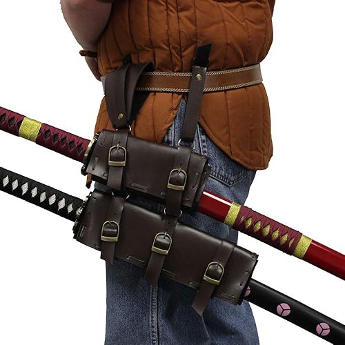 Double Sword Frog Waist Holster - Adjustable Medieval & Japanese Style Brown Belt Mount For Cosplay